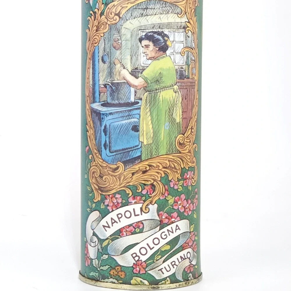 Vtg Pasta Spaghetti Storage Tin Canister Scenic Italy Retro Cottage Decor 11x3